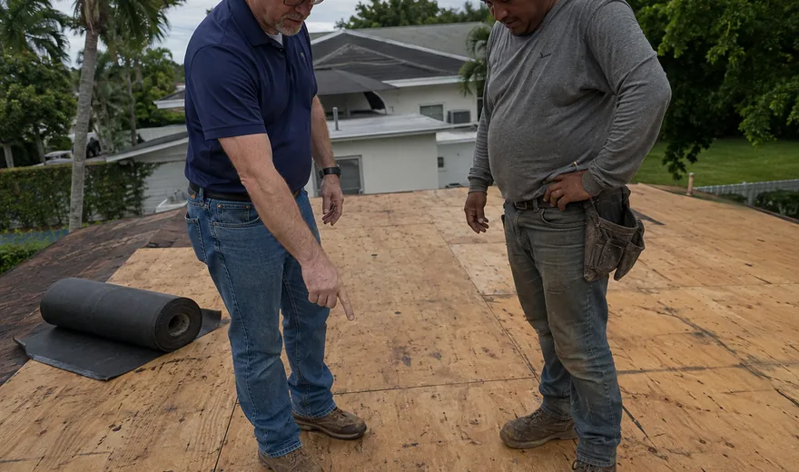Roof permit inspection in Pompano Beach FL, checking deck re-nailing