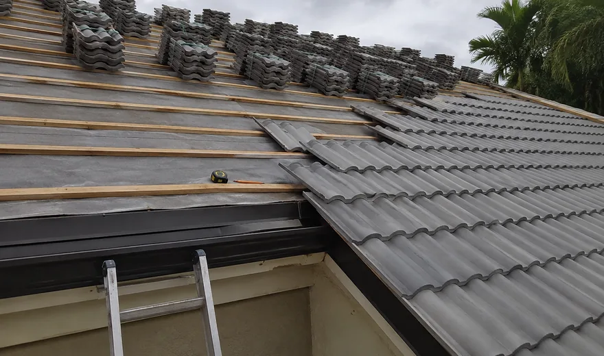 Roof replacement cost in Pompano Beach FL, tile roof mid-installation
