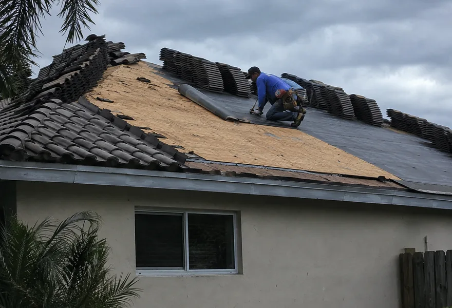 Roofers in Pompano Beach FL working on a concrete barrel tile roof